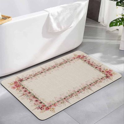 Spring Floral Diatomite Bath Mat for Bathroom, Super Absorbent Floor Mat Washable Quick Drying Diatomaceous Mat for Bathroom Shower Sink Runner Rugs 20x32 Summer Pink Flower Botanical Rustic Burlap