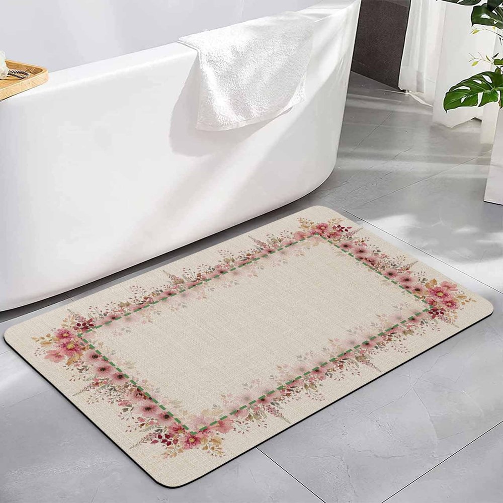 Spring Floral Diatomite Bath Mat for Bathroom, Super Absorbent Floor Mat Washable Quick Drying Diatomaceous Mat for Bathroom Shower Sink Runner Rugs 20x32 Summer Pink Flower Botanical Rustic Burlap