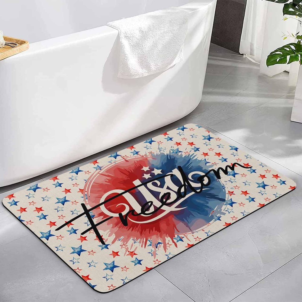 4th of July Diatomite Bath Mat for Bathroom, Super Absorbent Floor Mat Washable Quick Drying Diatomaceous Mat for Bathroom Shower Sink Runner Rugs 18x30 Independence Day Blue Red Star Rustic Burlap