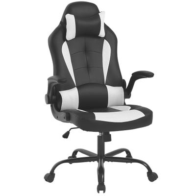 24/7 Shop at Home Nook PC Gaming Chair, Ergonomic Office Chair, Desk Chair with Lumbar Support Flip Up Arms Headrest PU Leather Executive High Back Computer Chair for Recreation Room, White