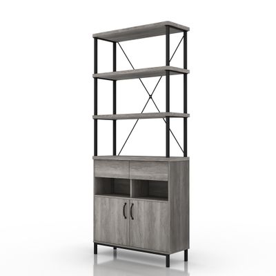 24/7 Shop at Home Auklet Farmhouse Multi Storage Wood 3 Shelves Bookcase with 2 Drawers, 2 Cabinets for Living Room, Home Office, Bedroom, Vintage Gray Oak