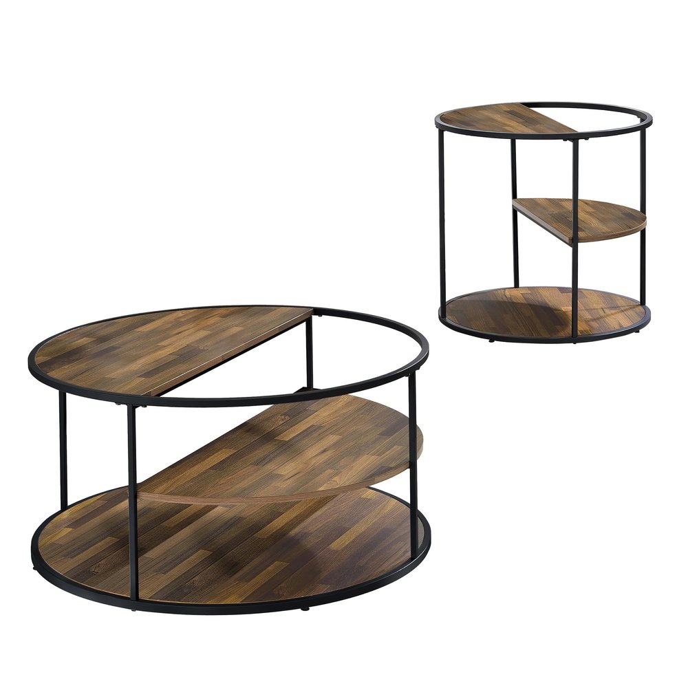 24/7 Shop at Home Burgetts Modern 3-Tier Multi-Storage Metal 2-Piece Coffee Table Set with Shelves for Living Room, Bedroom, Home Office, Black
