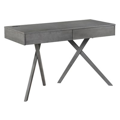 24/7 Shop at Home Idris Mid-Century Modern Wood 2 Drawers Writing Desk with USB Port, Power Outlet for Workstation, Home Office, Study Room, Gray