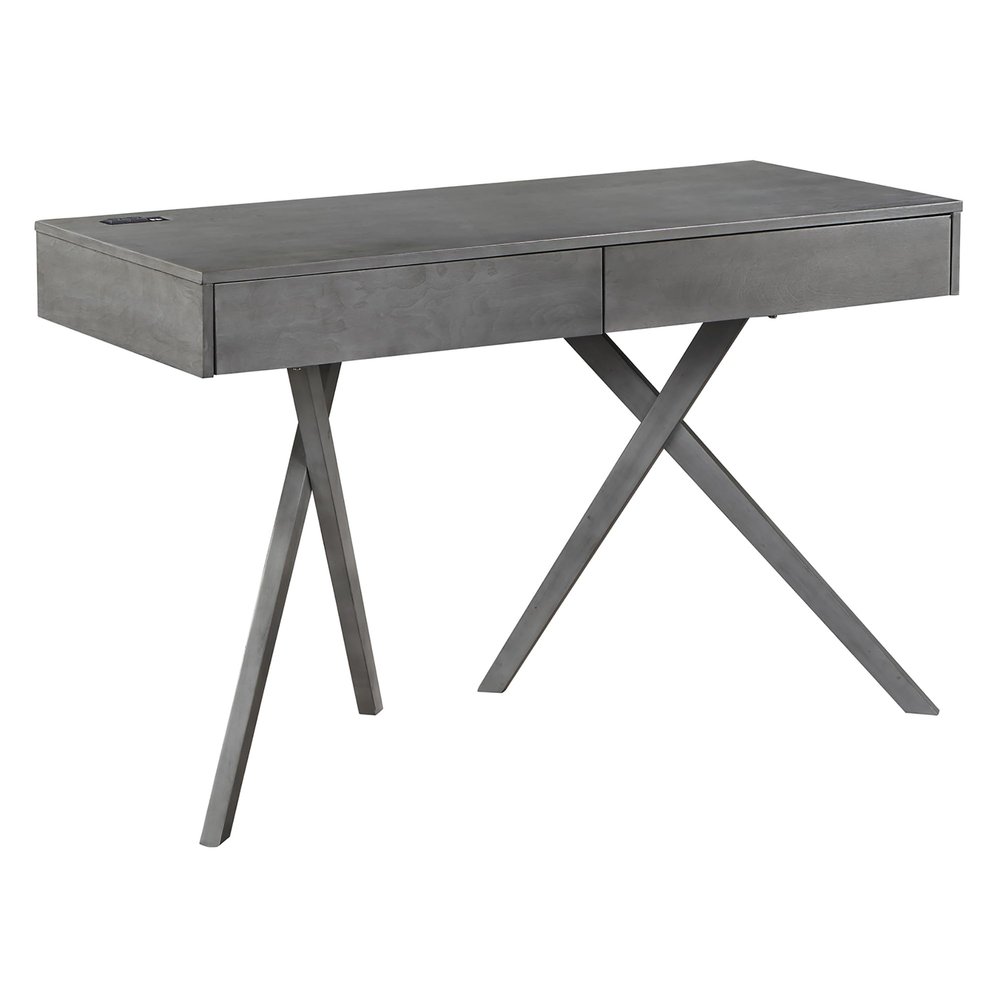 24/7 Shop at Home Idris Mid-Century Modern Wood 2 Drawers Writing Desk with USB Port, Power Outlet for Workstation, Home Office, Study Room, Gray