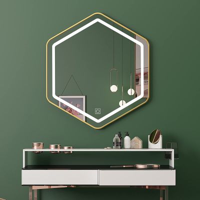 Demister Bathroom Mirror Led Light Mirror Hexagon Unique Shape Modern Wall Mounted Hanging Mirrors Black/Gold Brushed Frame Wall Mirror Wall Mounted Irregular Vanity Mirror for Bathroom (Color : Gold
