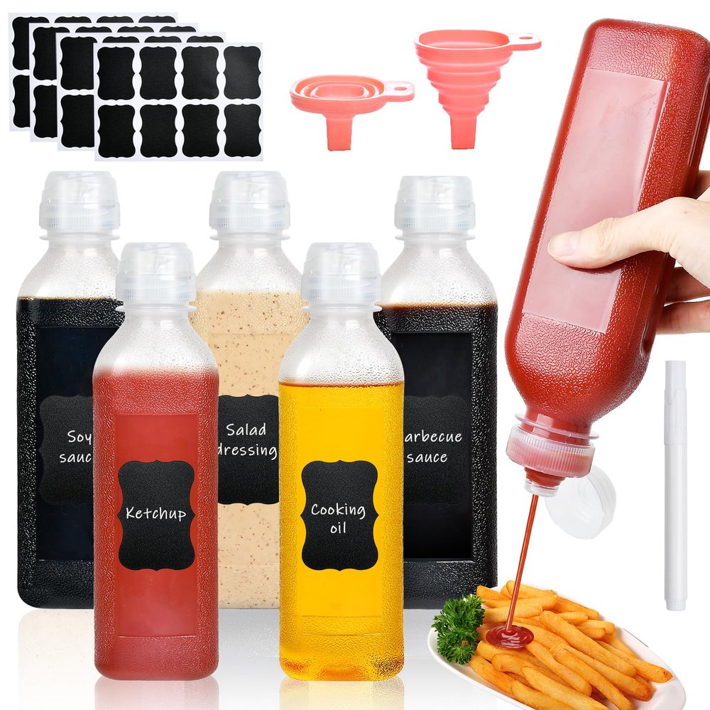 Akamino 16 Oz Condiment Squeeze Bottles, 5 Pack Plastic Squeeze Squirt Bottle with Flip Top Cap, Multipurpose Squirt Bottles for Oil,Hot Sauce,Ketchup,BBQ(2 Silicone Funnel,5 Chalk Labels And 1 Pen)