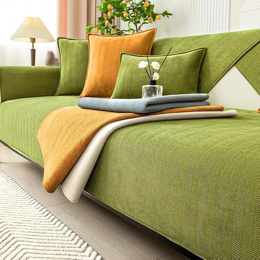 Rosygulls Funny Fuzzy Couch Cover,Chenille Couch Furniture Protector,Funny Fuzzy Couch Covers for Sofa,Funny Non Slip Sofa Covers,All Seasons Generic Couch Covers,43.3x70.9in-Herringbone-Green