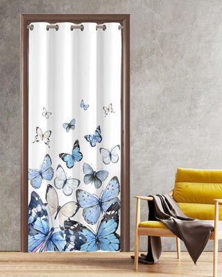 BOBOWUNY Gradient Blue Butter-Fly Blackout Door Curtains for Doorway, Shabby Chic Farmhouse Elegant Art Thermal Insulted Doorway Curtains for Closet Living Room Bedroom Decorative Room Divider 39x78