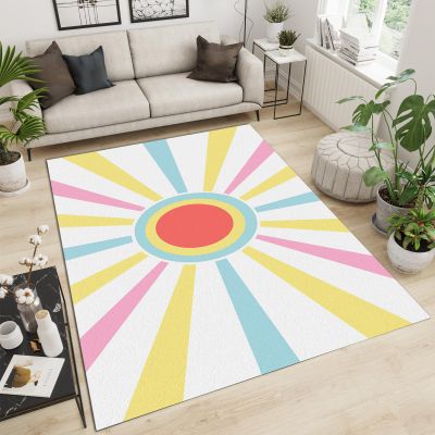 Boho Rainbow Sun Area Rugs, Mid Century Retro Geometry Rays Indoor Carpet, Decorative Carpet Non-Slip Large Area Easy to Clean, Suitable for Kids Boys Girls Living Room Bedroom Game Room 5ftx7ft