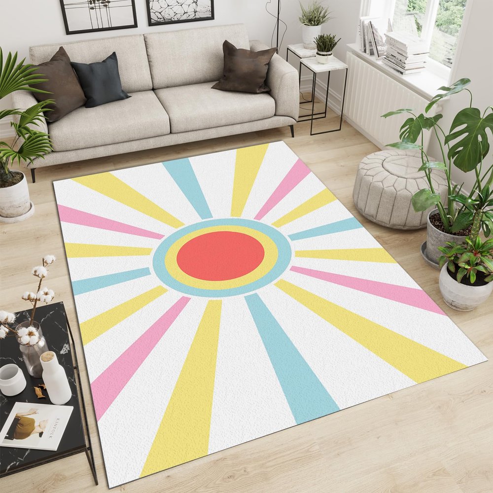 Boho Rainbow Sun Area Rugs, Mid Century Retro Geometry Rays Indoor Carpet, Decorative Carpet Non-Slip Large Area Easy to Clean, Suitable for Kids Boys Girls Living Room Bedroom Game Room 5ftx7ft