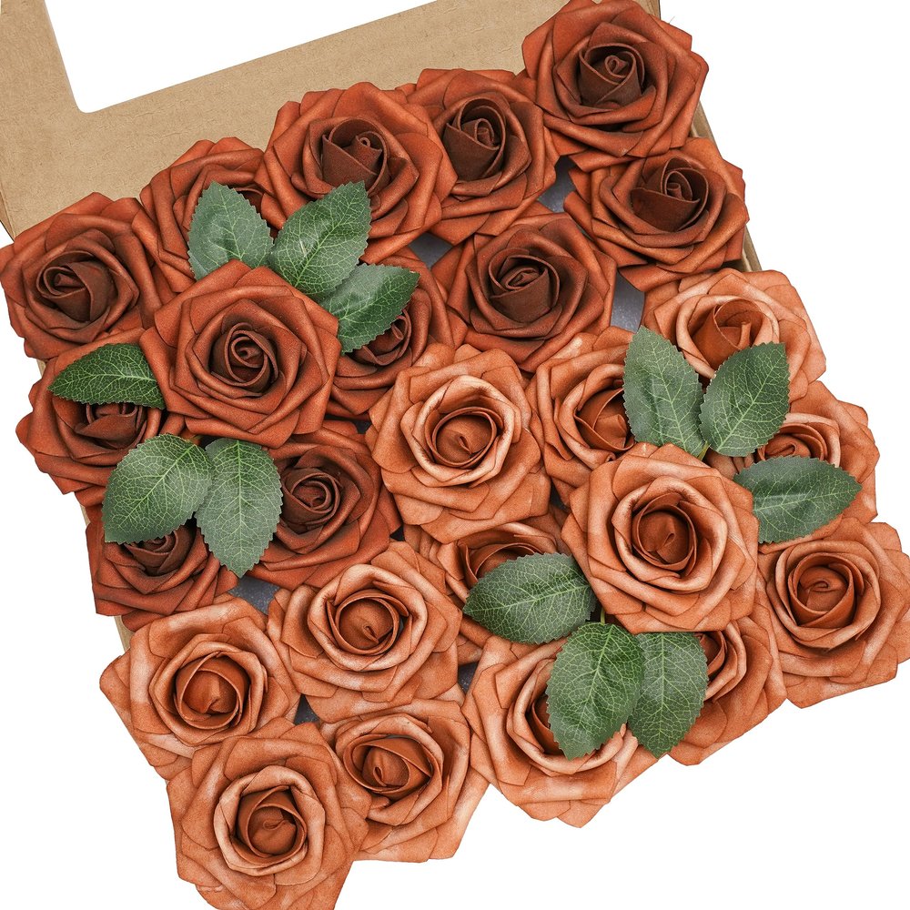 YEEFLORA Artificial Flowers, 100pcs Artificial Rose for DIY Wedding Bouquets Centerpieces Arrangements, Shades of Terracotta Foam Roses with Stem for Bridal Shower Party Home Decorations