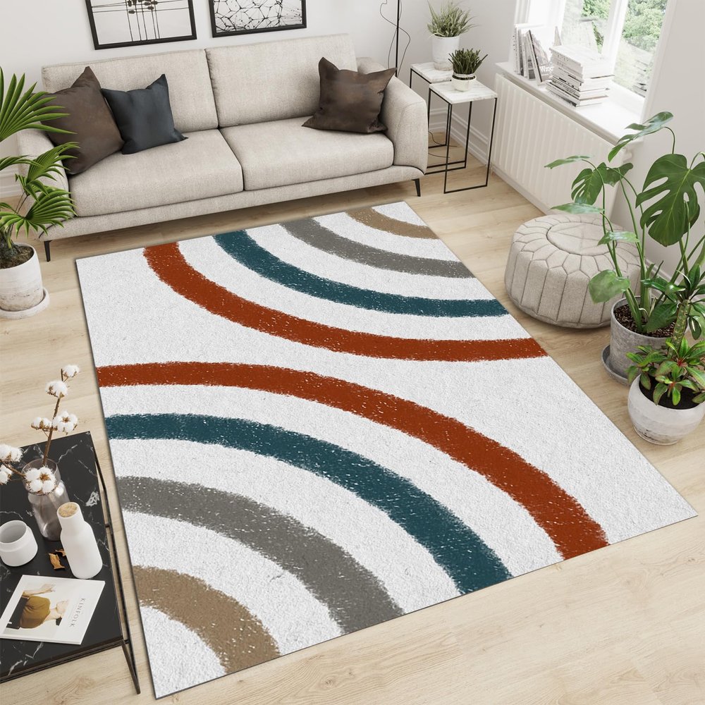 Nordic Boho Abstract Rainbow Area Rugs, Vintage Art Geometry Easy Clean Rug, Soft Non-Skid Carpet Throw Rug for Kids Teen Girls Boys Bedroom, Living Room Bathroom,Classroom Office 5ftx8ft
