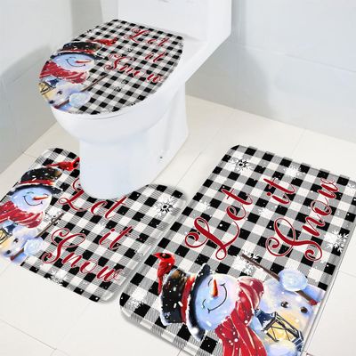 Wotrend Snowman 3 Piece Bath Rugs Set Red Christmas Snowman Snowflake Buffalo Plaid Non-Slip Bathroom Mats Absorbent Contour Soft Mat Toilet Lid Cover Bathroom Decor Set- 20"x32"+16"x18"+16"x20"