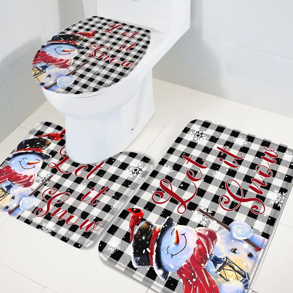 Wotrend Snowman 3 Piece Bath Rugs Set Red Christmas Snowman Snowflake Buffalo Plaid Non-Slip Bathroom Mats Absorbent Contour Soft Mat Toilet Lid Cover Bathroom Decor Set- 20"x32"+16"x18"+16"x20"