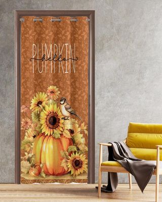 BOBOWUNY Fall Thanksgiving Blackout Door Curtains for Doorway, Hello Pumpkins Sunflower Bird Maple Leaf Thermal Insulted Doorway Curtains for Closet Living Room Bedroom Decorative Room Divider 39x78