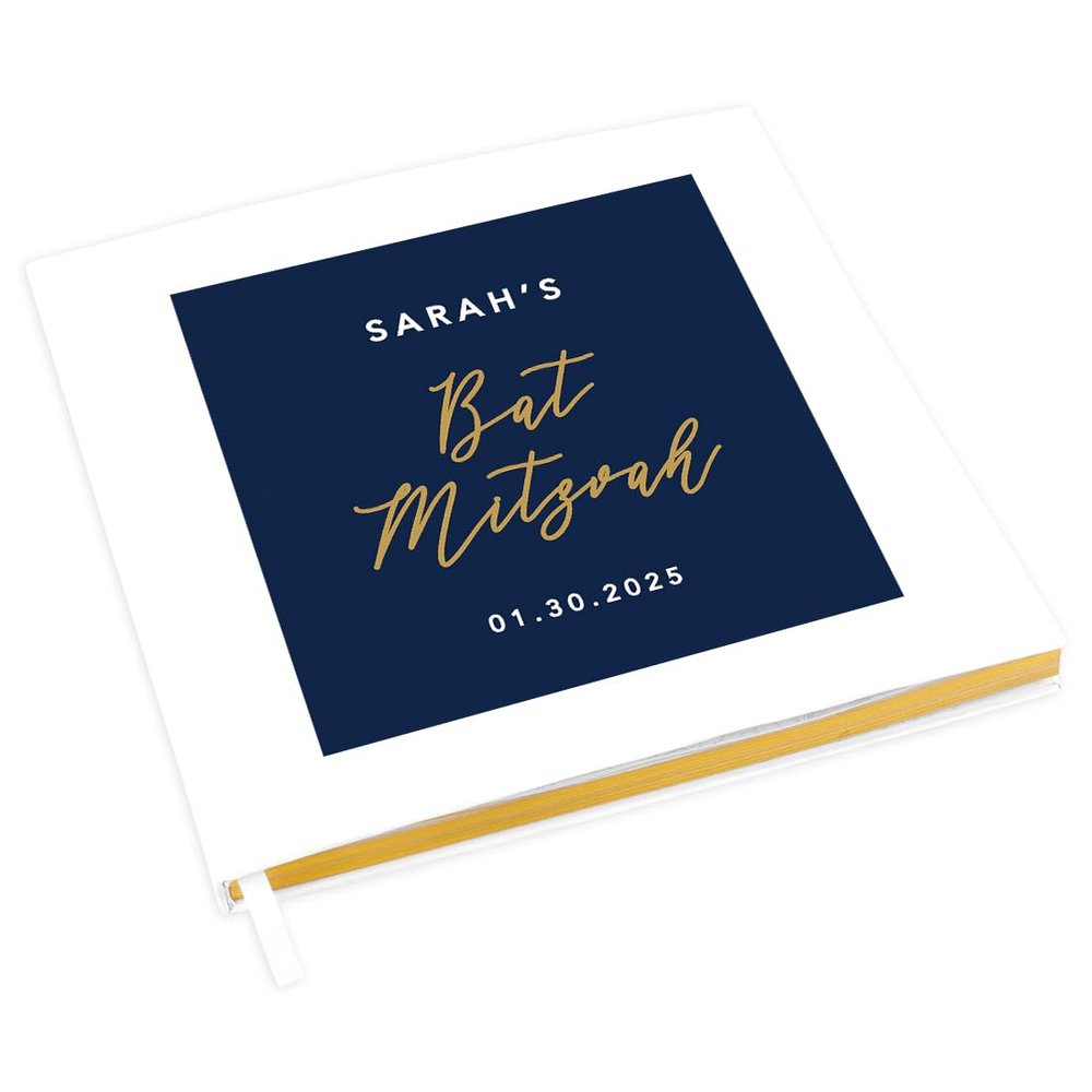 Andaz Press Personalized Bar/Bat Mitzvah Guest Book with Gold Accents, Custom Minimal Script 120 Pages 8.5"x8.5" Hard Cover Photo Album for Girls or Boys, Jewish Birthday Party Decorations, 1-Pack