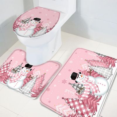Wotrend Christmas 3 Piece Bath Rugs Set Pink Snowman Xmas Tree Snowflake Winter Non-Slip Bathroom Mats Absorbent Contour Soft Mat Toilet Lid Cover Bathroom Decor Set- 20"x32"+16"x18"+16"x20"