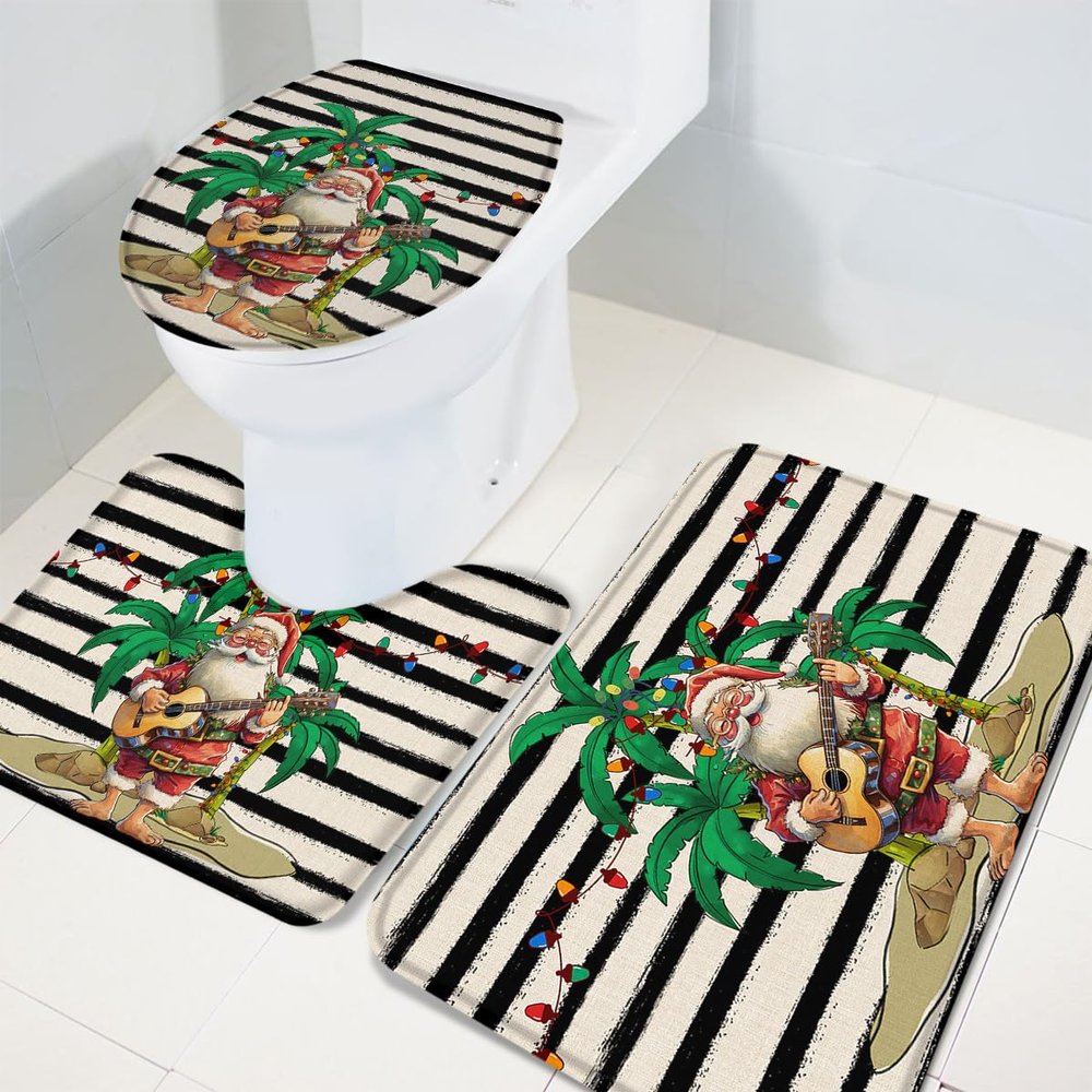 Wotrend Christmas 3 Piece Bath Rugs Set Funny Santa Claus Tropical Palm Beach Non-Slip Bathroom Mats Absorbent Contour Soft Mat Toilet Lid Cover Bathroom Decor Set- 18"x30"+14"x18"+15"x18"