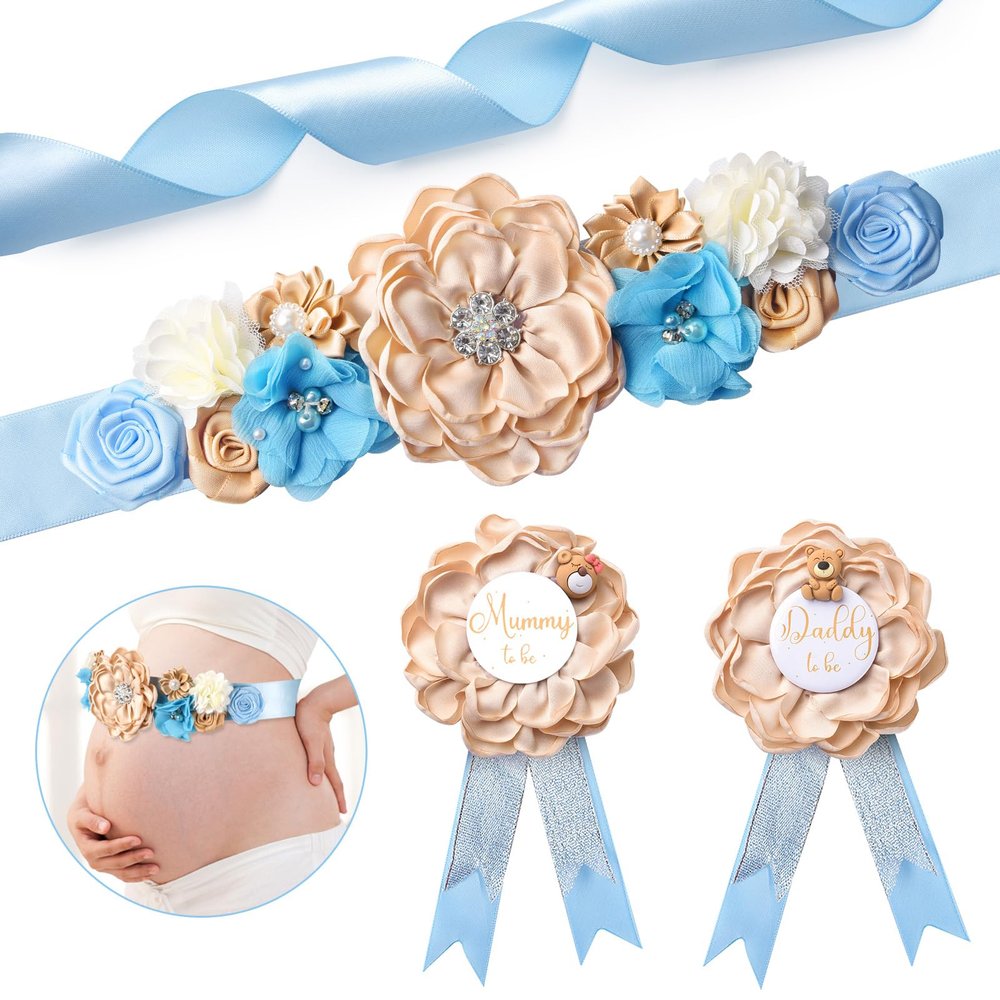 XINRUI Floral Maternity Sash Mummy Daddy to Be Corsage Pin Set Blue Teddy Bear Baby Shower Sash Belly Belt Flower Pregnancy Photo Props Maternity Photography (Champagne)