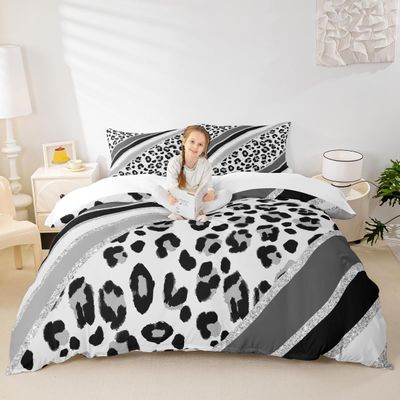 Leopard Print Kids Duvet Cover Set Twin Size,Abstract Cheetah Skin Fashion Bedding Set,Girls Boys Women Room Decor,Geometric Stripes Patchwork Comforter Cover,Black Gray Quilt Cover,1 Pillowcase