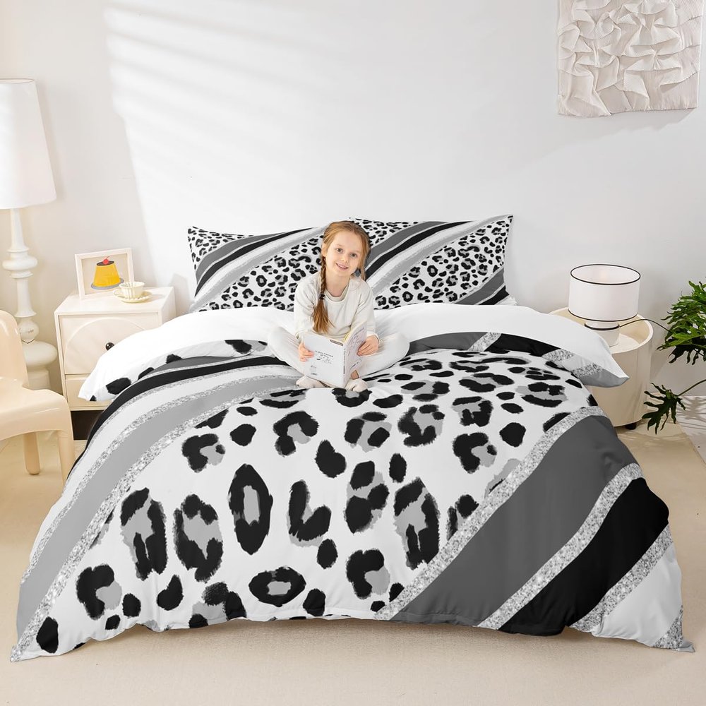 Leopard Print Kids Duvet Cover Set Twin Size,Abstract Cheetah Skin Fashion Bedding Set,Girls Boys Women Room Decor,Geometric Stripes Patchwork Comforter Cover,Black Gray Quilt Cover,1 Pillowcase