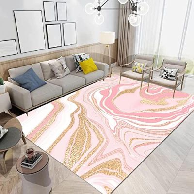 Abstract Art Pink Gold Marble Area Rug, Modern Light Luxury Living Room Rug, Soft Machine Washable Breathable Durable Carpet for Bedroom Room Girls Room Yoga Studio Hotel 3ftx6ft