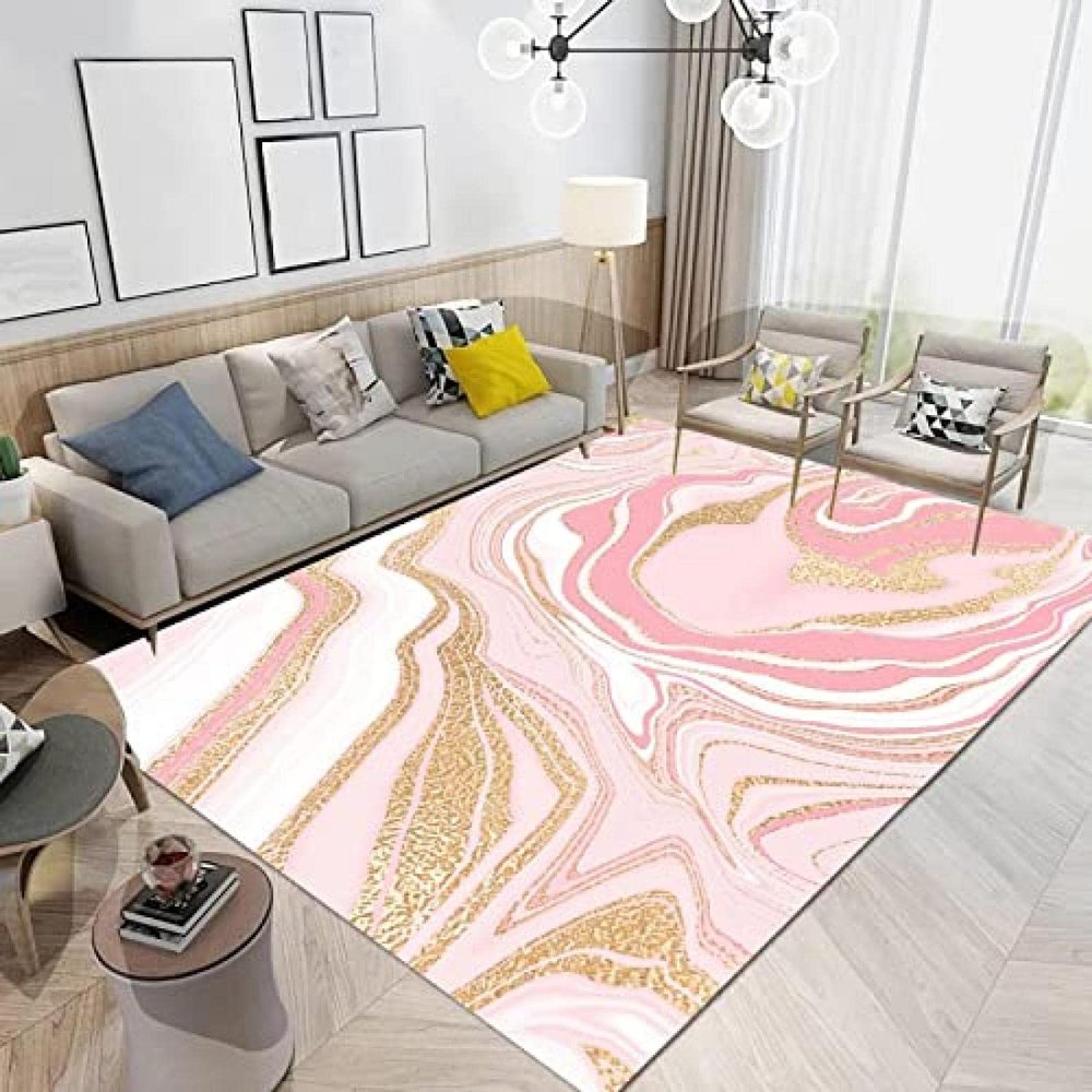 Abstract Art Pink Gold Marble Area Rug, Modern Light Luxury Living Room Rug, Soft Machine Washable Breathable Durable Carpet for Bedroom Room Girls Room Yoga Studio Hotel 3ftx6ft