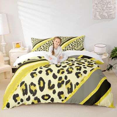 Leopard Print Kids Duvet Cover Set Twin Size,Abstract Cheetah Skin Fashion Bedding Set,Girls Boys Women Room Decor,Geometric Stripes Patchwork Comforter Cover,Yellow Bright Quilt Cover,1 Pillowcase