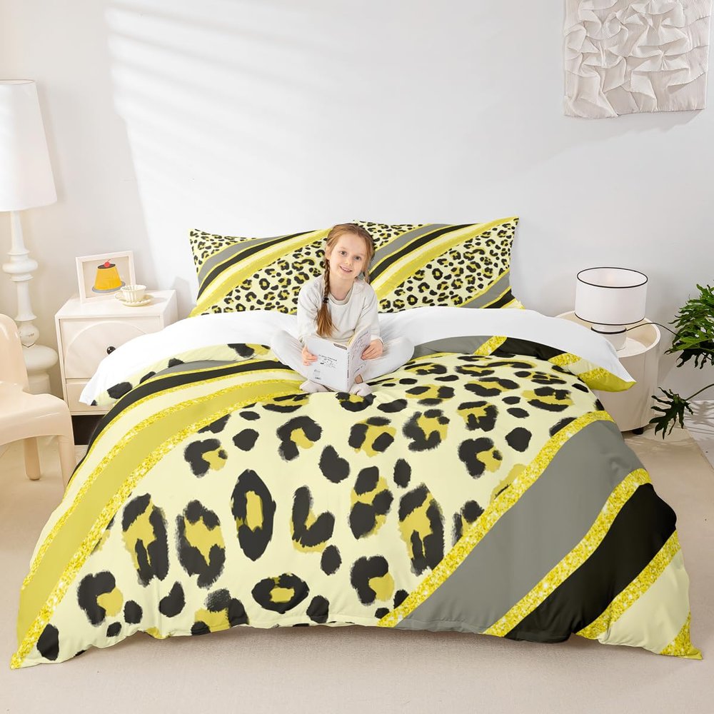 Leopard Print Kids Duvet Cover Set Twin Size,Abstract Cheetah Skin Fashion Bedding Set,Girls Boys Women Room Decor,Geometric Stripes Patchwork Comforter Cover,Yellow Bright Quilt Cover,1 Pillowcase