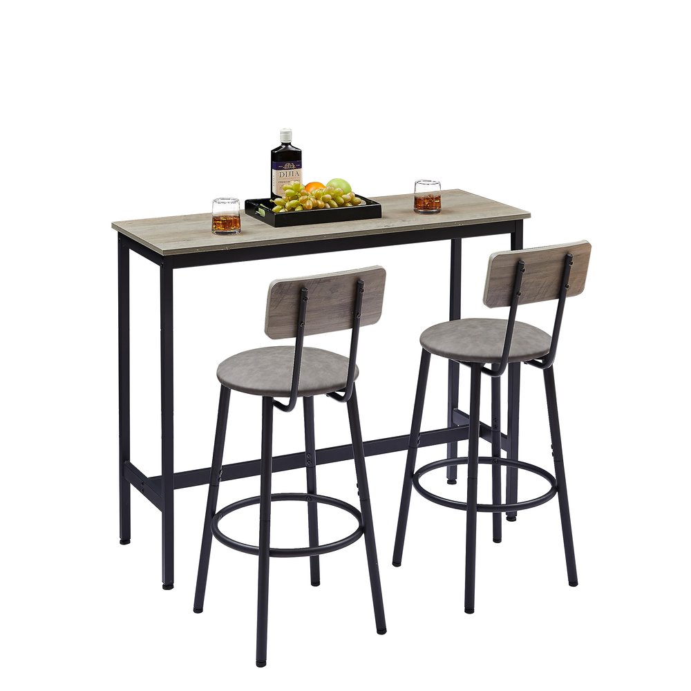 CEMKAR Bar Table and Chairs Set of 2, Small Bar Bistro Table and Upholstered Stool with Backrest 3 Pieces, Kitchen Dining Counter High Dining Table Set (Grey)