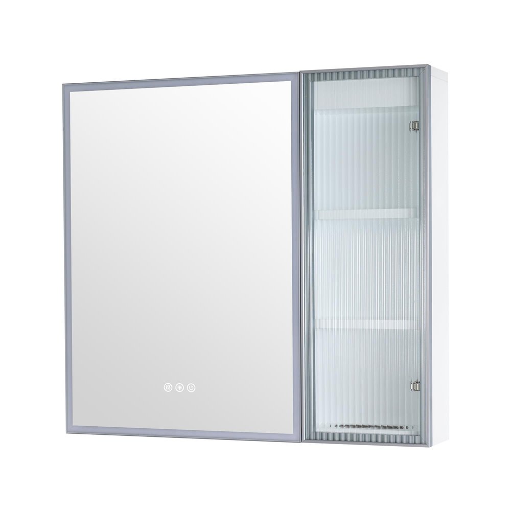 WELLFOR 30 X 28 Inch LED Lighted Bathroom Medicine Cabinet with Mirror, Bathroom Vanity Mirror Cabinet with Dimmable Lights and Defogger, 3 Solid Wood Shelves, Ample Storage Space, Quiet Closing Door