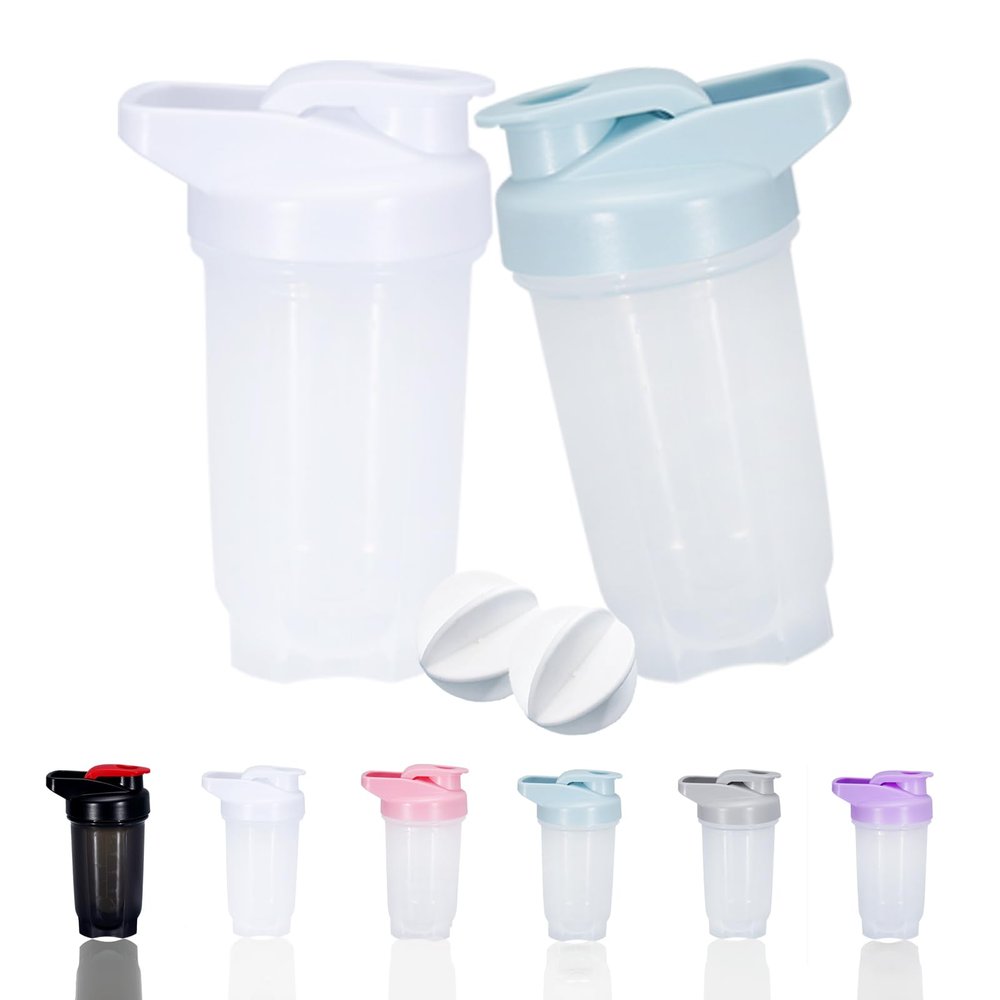 GAISHION Shaker Bottle Protein Shakes Cup and 10-Ounce/300ML Shaker-Bottle with Whisk Balls, Protein Shakers Bottles Set, Non-BPA plastic (White+Blue(2PCS))