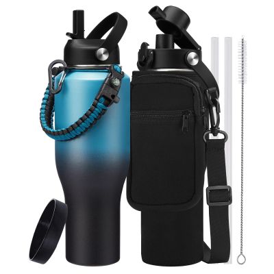40 oz Insulated Water Bottle with Straw fit in Car Cup Holder - Metal Water Bottle with Straw, Auto Spout Lid, Thermal Water Tumbler Cup with Lid, Storage Carrier Bag, Silicone Boot
