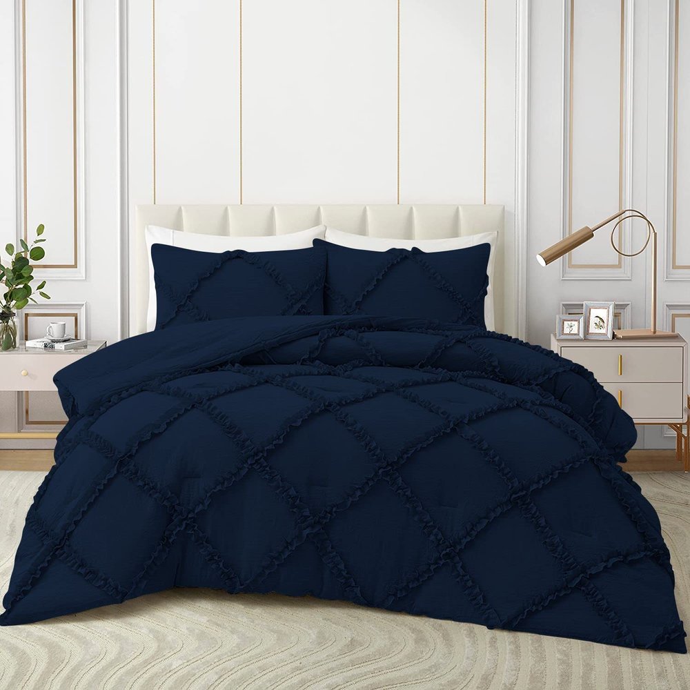 1Pcs Diamond Ruffle Duvet Cover Super Soft with Zipper Closure & Corner Ties Hotel Collection 800 Thread Count 100% Egyptian Cotton, King/California King Size (94" x 104") Inch - Navy Blue Solid