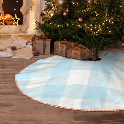 DKJlitter Christmas Tree Skirt, Baby Boy Pastel Blue Gingham Plaid Xmas Tree Skirts Mat Farmhouse Rustic Xmas Holiday Indoor Party Outdoor Decoration 30 inches