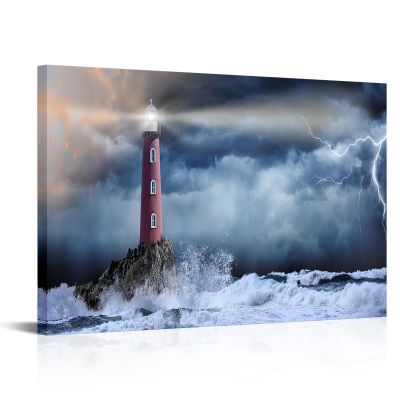 YeiLnm Red Lighthouse Beam in Storm Print Picture Ocean Storm Wall Art