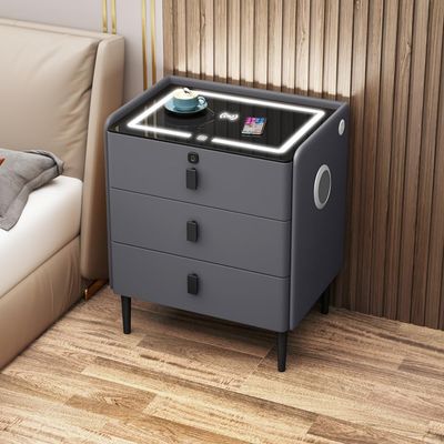 WZDHYYWS Smart Nightstand, Modern Bedside Table with Wireless Charging Station and Fingerprint Lock, Bedroom Side Table with Speaker and LED Light, Living Room Sofa Table.,Gray,3 Floors