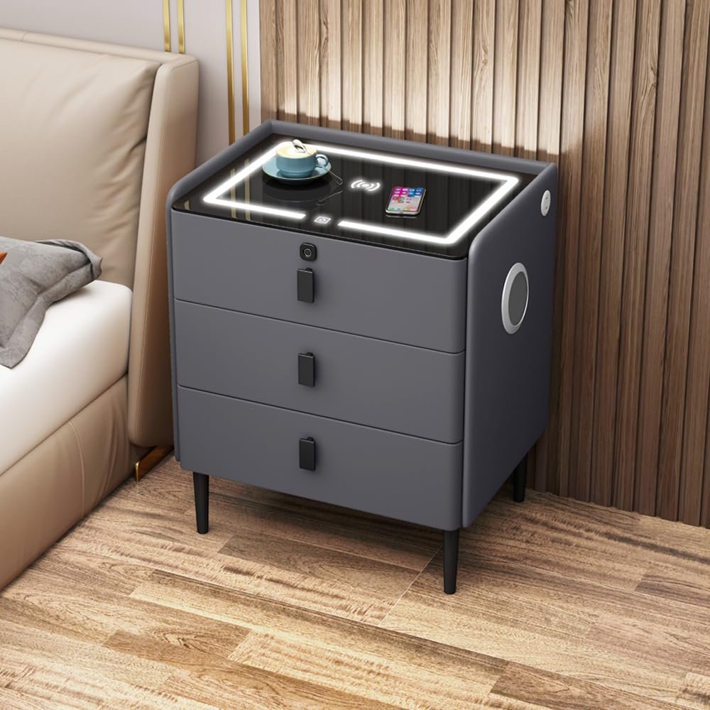 WZDHYYWS Smart Nightstand, Modern Bedside Table with Wireless Charging Station and Fingerprint Lock, Bedroom Side Table with Speaker and LED Light, Living Room Sofa Table.,Gray,3 Floors