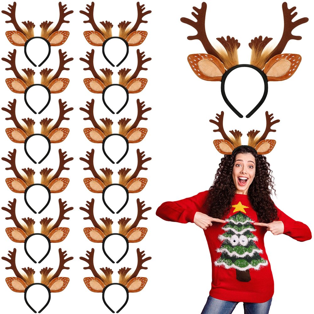 Lyrow 12 Pcs Reindeer Antlers Headbands for Adults Christmas Antlers Headband with Bells Holiday Party Gift (Brown Hair Style)