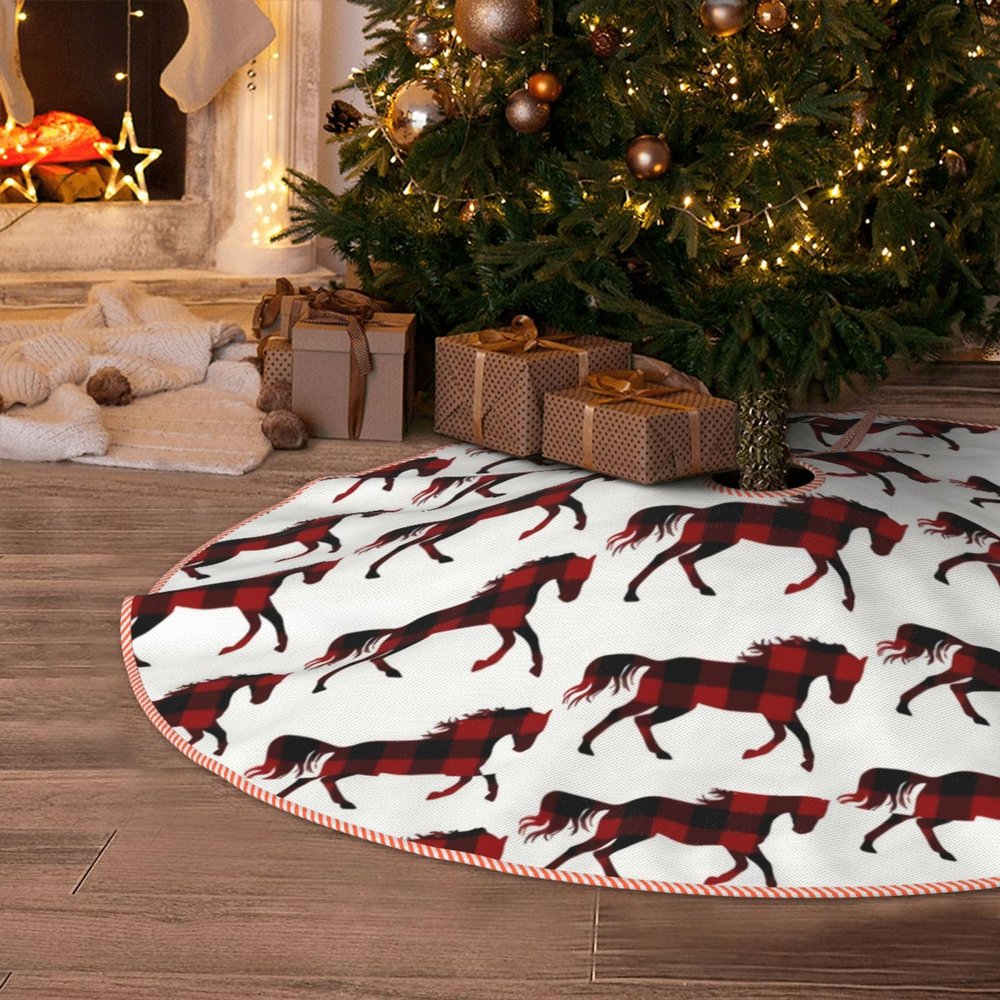DKJlitter Christmas Tree Skirt, Buffalo Plaid Horse Rustic Country Western Xmas Tree Skirts Mat Farmhouse Rustic Xmas Holiday Indoor Party Outdoor Decoration 30 inches
