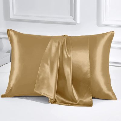 PURE ECO Soft 2 Piece Pillowcase Silk Satin Pillow Cover Standard Size, Long-Staple Soft & Silk Pillowcase for Hair and Skin, Envelope Closure(Standard 20" x 26", Gold)