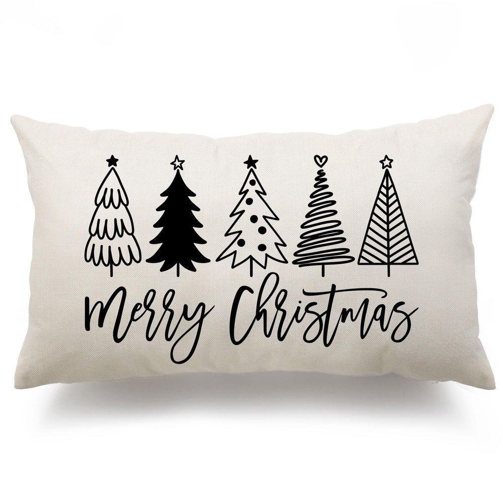 DFXSZ Christmas Pillow Covers 12x20 Inch Black Christmastree Merry Christmas Decorative White Throw Pillows Winter Decor for Home Couch