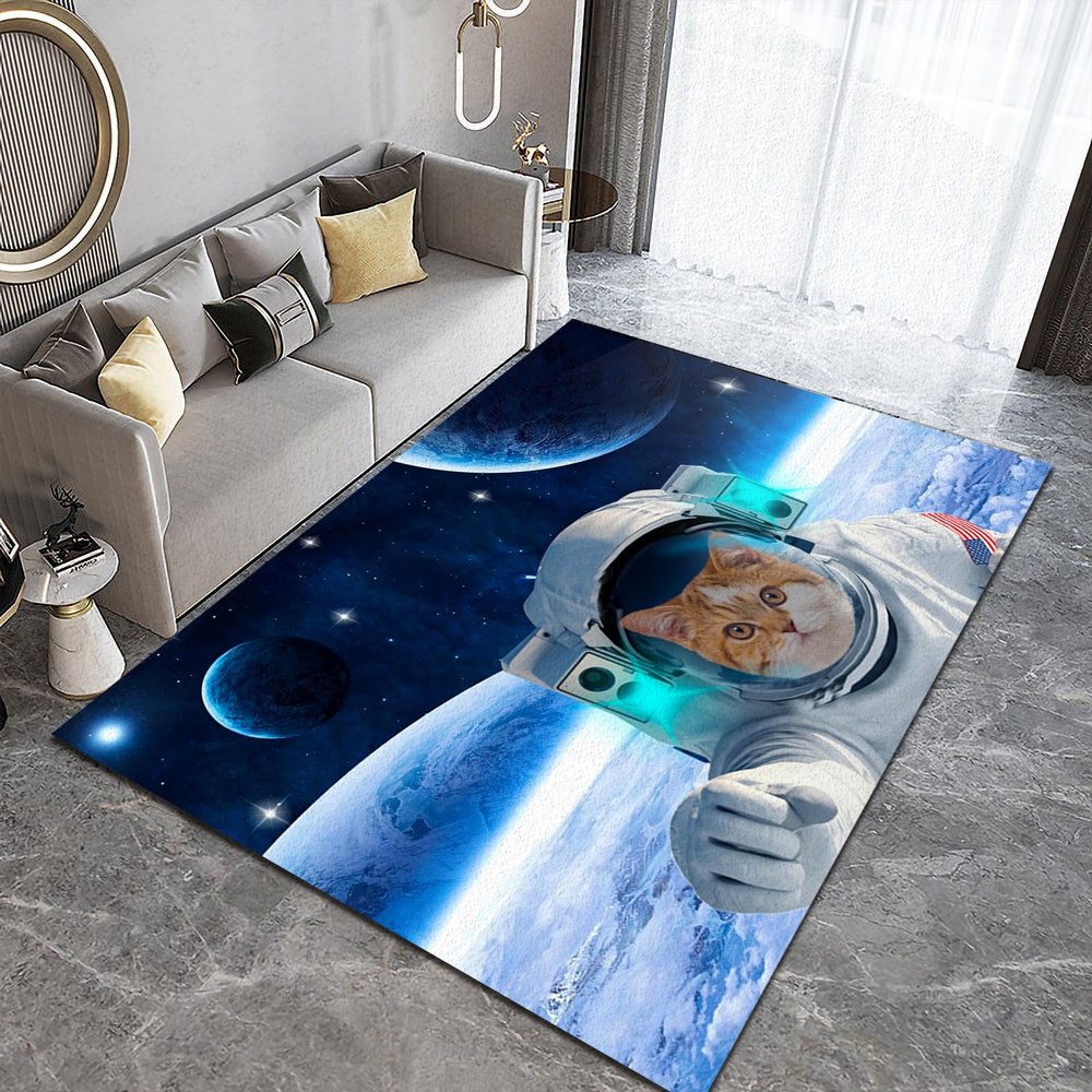 Cartoon Astronaut Kitten Area Rugs, Space Planet Moon Easy Clean Rug, Soft Non-Skid Carpet Throw Rug for Kids Teen Girls Boys Bedroom, Living Room Bathroom Classroom Office 5ftx7ft