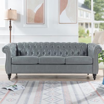 kevinplus 84.6'' Leather Chesterfield Sofa Couch for Living Room, Classic Modern 3-Seat Upholstered Tufted Rolled Arm Sofa Couch for Apartment Bedroom Office, Solid Wood Leg, Grey
