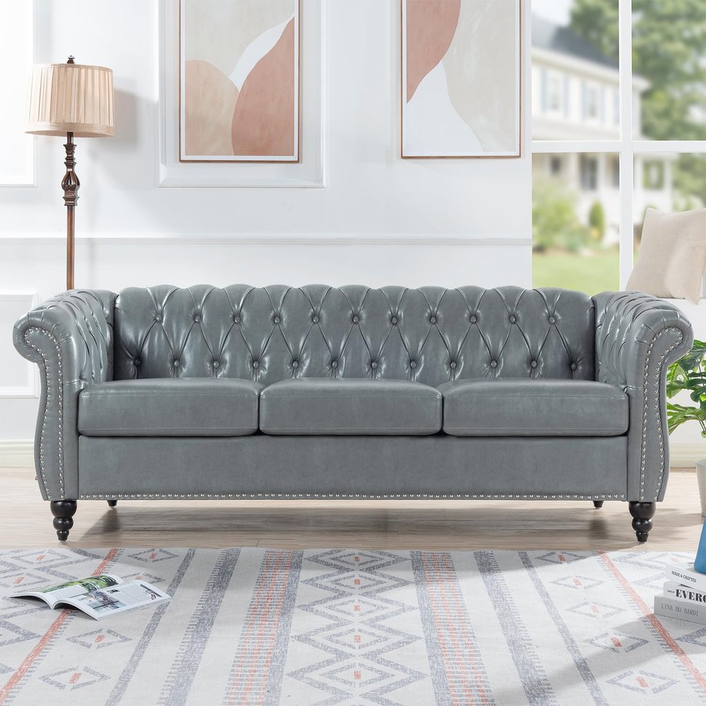 kevinplus 84.6'' Leather Chesterfield Sofa Couch for Living Room, Classic Modern 3-Seat Upholstered Tufted Rolled Arm Sofa Couch for Apartment Bedroom Office, Solid Wood Leg, Grey