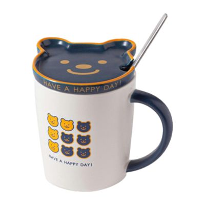 430ml hand-painted bear ceramic mug Korean version with lid spoon cute cartoon couple water cup for office home restaurant-Nine Bears (with Lid Spoon)