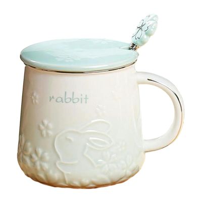450ml/15oz cherry blossom gradient relief mark ceramic cup for couples breakfast milk coffee cup for office home-Light green relief cherry blossom rabbit cup