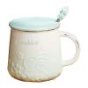 450ml/15oz cherry blossom gradient relief mark ceramic cup for couples breakfast milk coffee cup for office home-Light green relief cherry blossom rabbit cup view 1