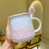 450ml/15oz cherry blossom gradient relief mark ceramic cup for couples breakfast milk coffee cup for office home-Light green relief cherry blossom rabbit cup view 3