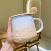 450ml/15oz cherry blossom gradient relief mark ceramic cup for couples breakfast milk coffee cup for office home-Light green relief cherry blossom rabbit cup view 4
